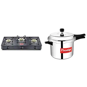 Prestige Popular Aluminium Pressure Cooker, 5 Litres, Silver + Prestige IRIS LPG Gas Stove, 3 Burner, Black