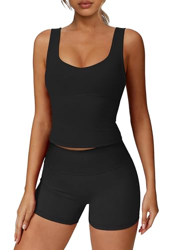 Alaroo Workout Sets for Women 2 Piece Spring Summer Outfits U Neck Crop Tank Tops High Waisted Biker Shorts Gym Clothes Lounge Two Piece Matching Sets Black M