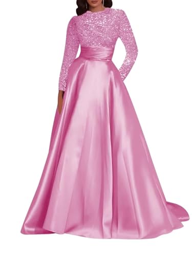 Long Sleeve Prom Dresses for Women Sequin Satin Ball Gown Formal Dress Evening Gowns with Pocket