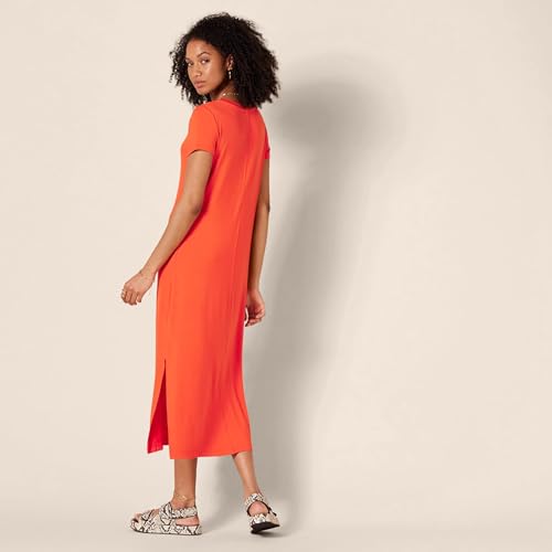 Image of Amazon Essentials Women's Regular Fit Jersey V-Neck Short Sleeve Midi Length T-Shirt Dress, Soft Viscose Stretch Jersey with Side Slits