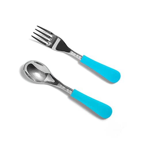 Avanchy Stainless Steel Baby Fork and Spoon - 9 Months and Older - Baby Forks and Spoons for Self Feeding - Baby Silverware (Blue)
