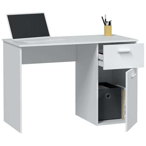 Habitdesign Mesa de Estudio con 1 Cajon y 1 Puerta, Mesa de Escritorio o Despacho, Modelo Just, Acabado en Color Blanco Artik, Medidas: 108 cm (Largo) x 73 cm (Alto) x 50 cm (Fondo)