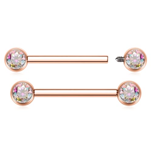 AROWRO Nipple Piercing Jewelry Nipple Rings Titanium Nipple Rings Implant Grade Hypoallergenic 14G Internally Threaded Straight Barbells with Cubic Zirconia Rose 12mm