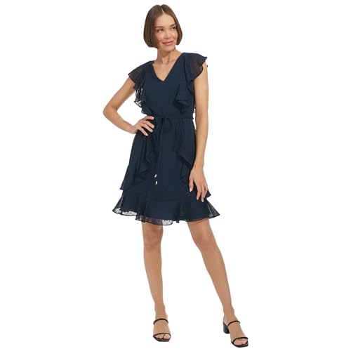 Image of Tommy Hilfiger Women's Sleeveless V-Neck Ruffle Trim Tie Waist Chiffon Mini Dress