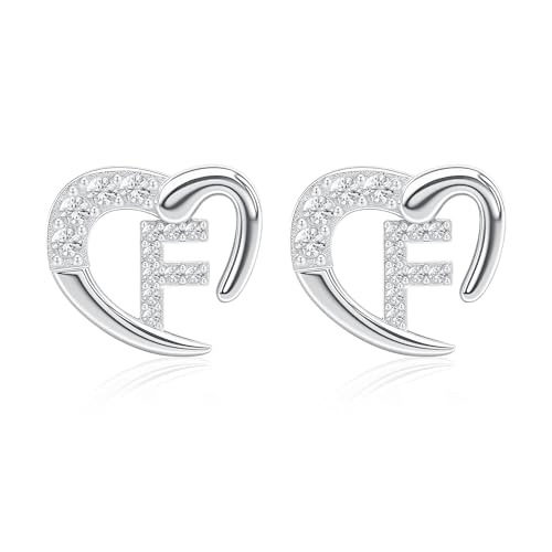 Image of Astellea Dainty S925 Silver Earrings for Women Girls, Heart Initial Stud Earrings Cubic Zirconia Letter Jewellery Gifts for Friend Mum Daughter Birthday Christmas (F)