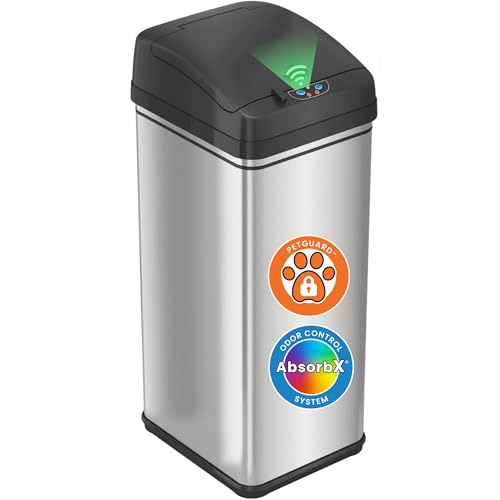 iTouchless 13 Gallon / 50 Liter Sensor Dog Poop Trash Can with Lid & AbsorbX Odor Filter, Pet-Proof Lid Lock Pet Stainless Steel Touchless Waste Bin, Large Capacity, Silver
