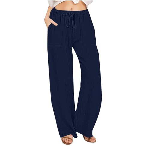 Pantalones Mujer Verano,Algodón y Lino Pantalones de Pierna Ancha Recta de Cintura Alta Elásticos con Cordón Moda Color Sólido Pantalon Largos con Bolsillos Cómodos Yoga Jogger Pants