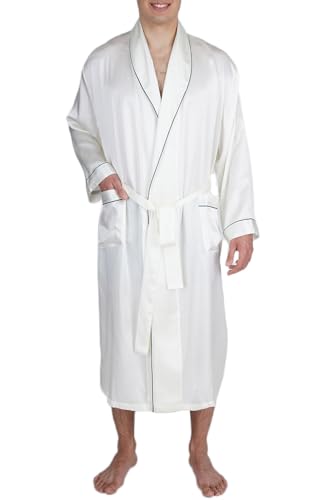 OSCAR ROSSA Men's Luxury Silk Sleepwear 100% Mulberry Silk Long Robe Kimono, Ivory, S/M