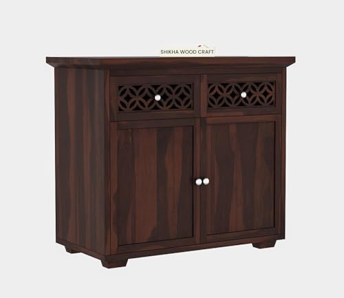 Image of SHIKHA WOOD CRAFT Solid Sheesham Wood Sideboard Cabinet with 2 Drawers and 2 Doors Storage | Wooden Multipurpose Cabinet Storage Furniture for Living Room, Bedroom, Home, and Kitchen (Walnut Finish)
