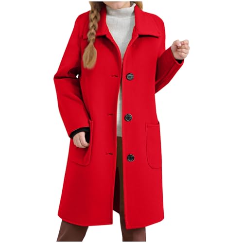 XINYUNZU Mädchen Wollmantel Wintermantel Klassische Mantel mit Knopfleiste & Taschen Winterjacke Lang Einfarbig Trenchcoat Girls Herbst Winter Mäntel für Kinder und Teenager Rot 12–13 Jahre