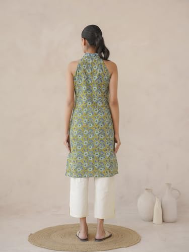 Image of GOODHAND Chic Cotton Halter Kurti with Timeless Block printsPerfect for Casual outings or Festive Flair-Where Traditional Charm Meets Modern Silhouette