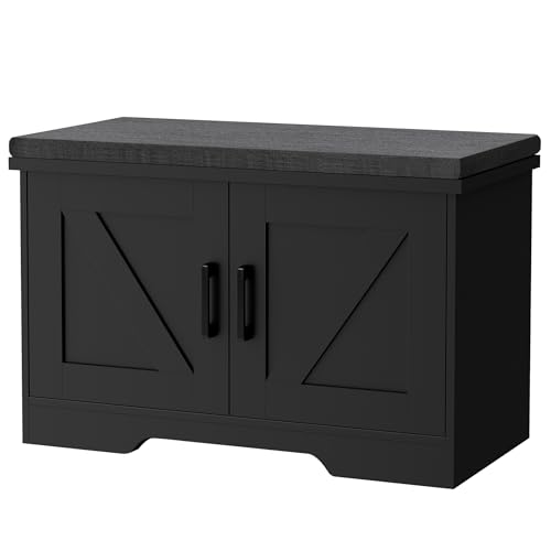 Image of HOMSHO Farmhouse Shoe Storage Bench with 2 Barn Doors & Padded Seat Cushion | 27.6 inch Wide Entryway Bench with Adjustable Shelves & Hidden Storage, Black