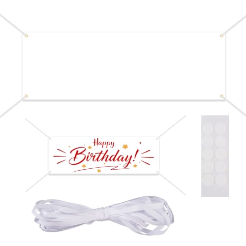Xyvor Bannières Blanche 300x100 cm, Banderole Personnalisée Bannière Vierge à Peindre, Polyester Banniere, Grandes Bannières Vierges Blanche, avec Corde de Suspension de 6m, pour Fête Mariage Noel