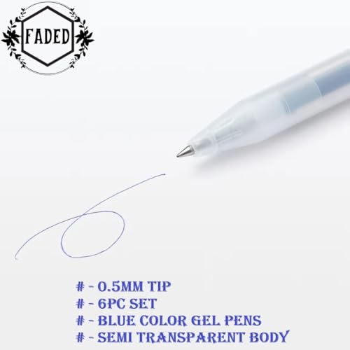 Image of Faded 0.5mm Blue Gel Pen Set - Smooth Writing Click Mechanism Pens with Quick Dry Ink, Comfortable Grip, Professional Office Pens for School, College, Exam, Journaling (6 Piece)