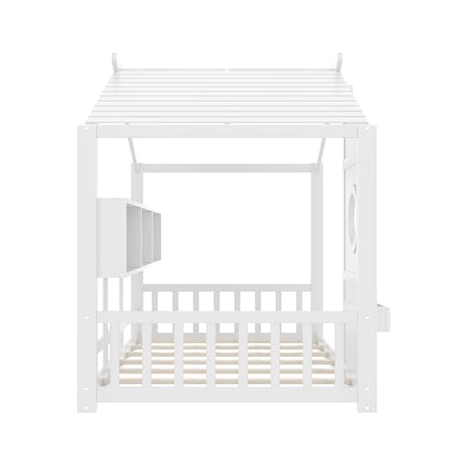 Image of Twin Size Floor House Bed with Roof and Window for Kids, Wooden Playhouse Bed with Storage Shelves for Bedroom Furniture Girls & Boys (White /L2, Twin)