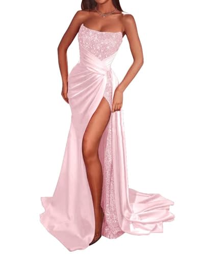 HUINI Trägerloses Meerjungfrau Pailletten Glitzer Ballkleid für Frauen Satin Schlitz Korsett Abendkleid Errötendes Rosa 34