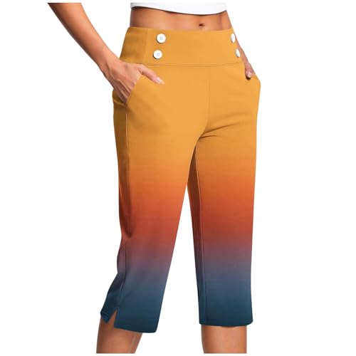 Womens Capri Pants for Summer Printed Gradient Color Fashion 2025 Trousers Loose Fashion Button Capris with Pockets