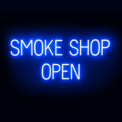 Image of SpellBrite LED Neon SMOKE SHOP OPEN Sign for Business - Blue, 38 inch x 15 inch | Ultra-Bright Click-Together Signage for Smoke Shops, with Visibility from 500 Feet - 8 Animations, 6 Brightness Settings