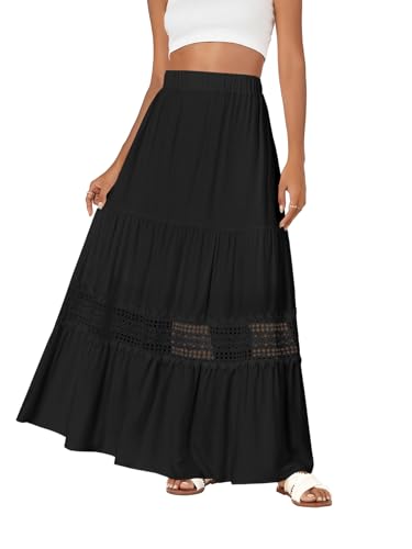 LYANER Women's Ruffle Tiered Long Skirt Elastic High Waist Pleated Lace Trim A-line Boho Maxi Skirts2