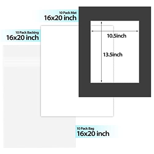 Golden State Art, Pack Of 10 Black Pre-Cut 16X20 Picture Mat For 11X14 Photo With White Core Bevel Cut Mattes Sets. Includes 10 High Premier Acid Free Mats & 10 Backing Board & 10 Clear Bags #TOP1