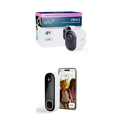Arlo Ultra 2 4K Ultra HD Outdoor Smart Home Security Camera CCTV System and FREE HD Wireless Video Doorbell 3 Camera House Security Kit, 12 x Zoom, Siren, White, With Free Trial of Arlo Secure Plan