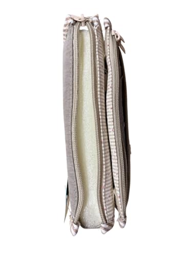 Image of Kids Striped Canvas Kids Pencil Case - 3 Compartment School Organiser with Zipper, Cartoon Character Design Stationery Pouch (Beige)