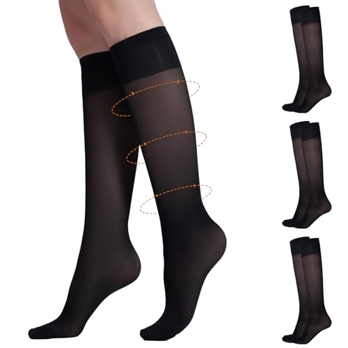 Image of Yilanmy Sheer Knee High Compression Socks for Women-Ideal for Daily Wear | 3 Pairs,8-10 mmHg,Wide Calf,40D Graduated Compression Stockings for Nurse,Support Work Office Travel,Nude Black