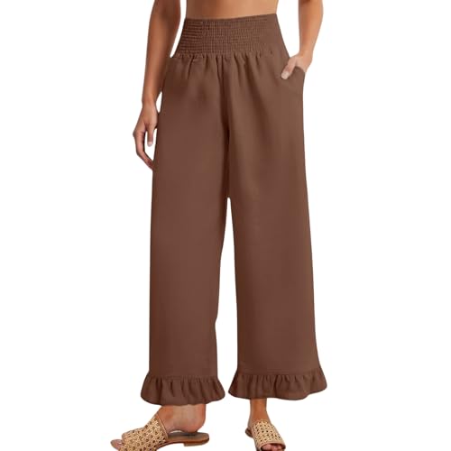 Image of Palazzo Pants for Women Linen Smocked Elastic Waist Ruffle Wide Leg Pants Summer Beach Flowy Boho Pant with Pockets