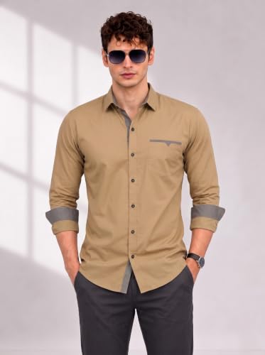 Image of Diverse Men's Cotton Shirt for Men | Regular Fit Full Sleeve Solid Casual Shirt with Spread Collar, Stylish Pocket Design, Standard Length | Formal Office Wear