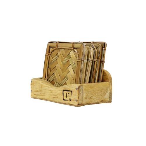 Image of Saras Aajeevika 6 Pc Set of Eco Friendly Handmade Bamboo Sqaure Curved Coaster /Coster Holder for Kitchen Decor Hot Pots, Tea Cups, Coffee Mugs, Glasses Coaster Sets