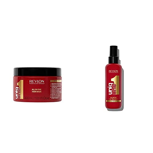 REVLON PROFESSIONAL Uniqone Super Masque pour Cheveux Secs/Très Secs/Abimés 10 Bienfaits Super10R Mask, 300ml & UniqOne Masque en Spray sans Rinçage pour Tous Types Cheveux 10 Bienfaits 150ml Rouge