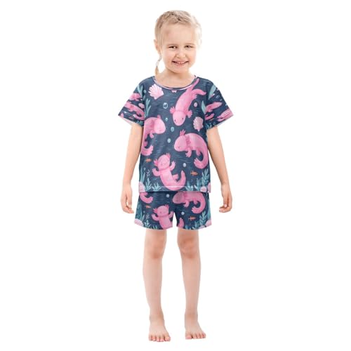Pajama Sets Short Sleeve Cute Four Axolotl Pattern Soft Cotton Summer Sleepwear 2 Piece PJS Size 5-14T4