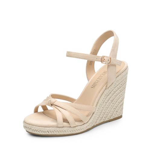 DREAM PAIRS Wedge Sandals for Women Dressy Summer, Platform Espadrille Strappy Casual Braided Heels Comfortable with Open Toe and Ankle Strap,Size 9.5,Nude-Suede,SDPW2403W