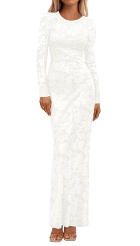BTFBM Wedding Guest Dresses for Women 2025 Fall Elegant Floral Lace Ruched Long Sleeve Bodycon Cocktail Party Maxi Dress(White, Medium)