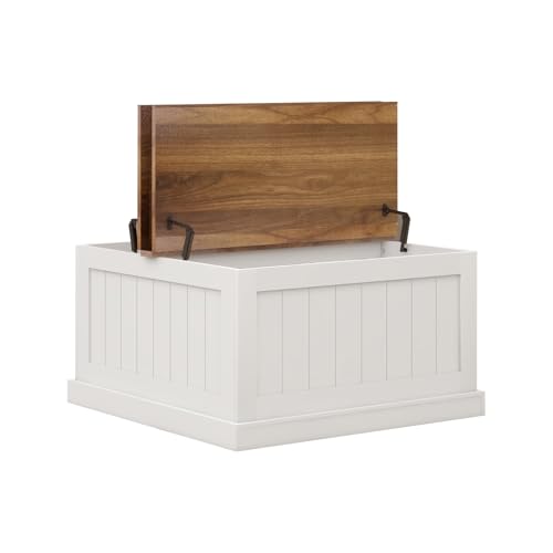 Locsear Farmhouse Coffee Table, Square Wood Center Table with Large Hidden Storage Compartment for Living Room, Rustic Cocktail Table with Hinged Lift Top for Home, White