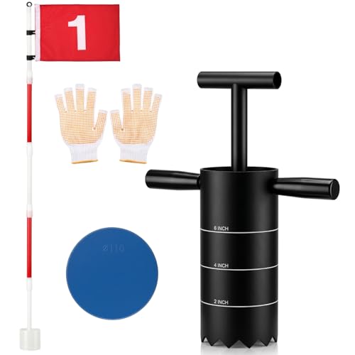 Nimbus Verse Portable Golf Hole Cutter & 6ft Golf Flagstick Set 2 4 & 6 Hole Digger with Detachable Handle & Gloves 5 Section Flagstick with Cup for Backyard Putting Green Practice