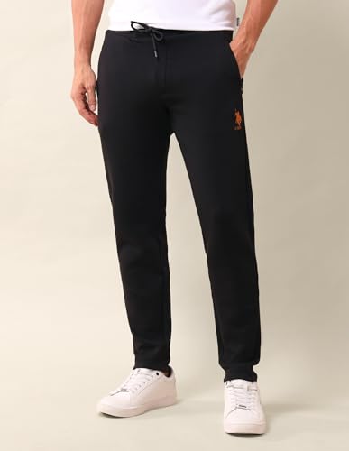 Image of U.S. Polo Assn. Men's Black Solid Mid Rise Cotton Drawstring Slim Fit Flat Front Slit Pocket Track Pants