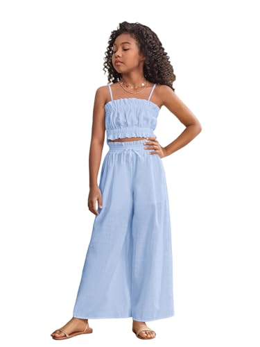 Image of Floerns Girl's 2 Piece Set Ruffle Trim Cami Tops with Paperbag Waist Wide Leg Pants