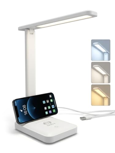 Giuzen - Lampada scrivania LED dimmerabile, luce tavolo wireless ricaricabile con USB, abat jour da comodino touch 3 colorazioni, lampada da scrivania wireless pieghevole per studio e ufficio