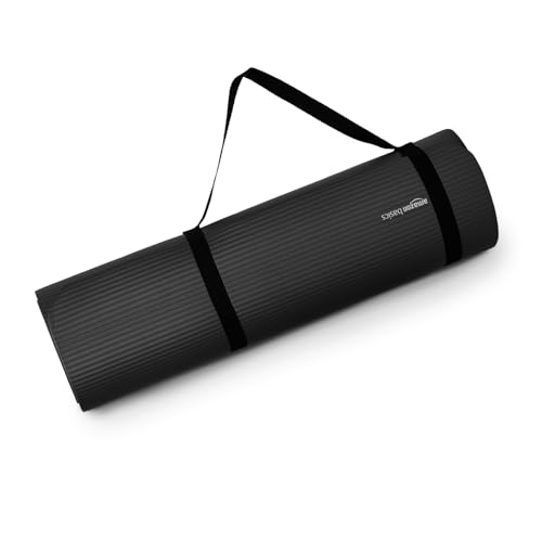 Image of Amazon Basics NBR Yoga & Exercise Mat with Carrying Strap | 15 mm Extra Thick Cushioned Support | Non-Slip Textured Surface | Durable Foam Rubber Material | Floor Protection | Ideal for Yoga, Pilates & Home Workouts | 183 x 61 cm | Black