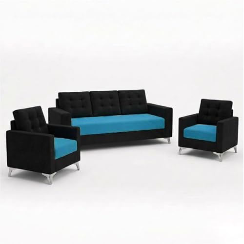 Image of Hakuna Plush Velvet 3 Seater + 1 Seater + 1 Seater Sofa Set | Silken Velvet Upholstery | Golden Legs | Designer Set for Living Room & Office Spaces (Black & Aqua Blue)