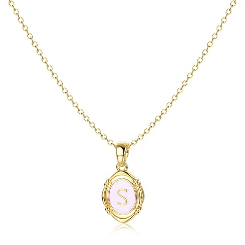 BodyBonita Initial Necklaces for Women - 14K Gold Plated Oval Letter White Enamel Name Necklaces