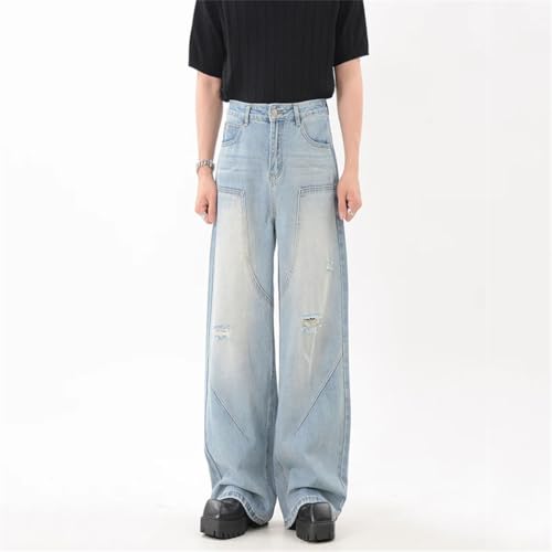 High Street Men’s Denim Pants, Solid Color, Deconstructed Holes Design, Loose Fit Trousers4