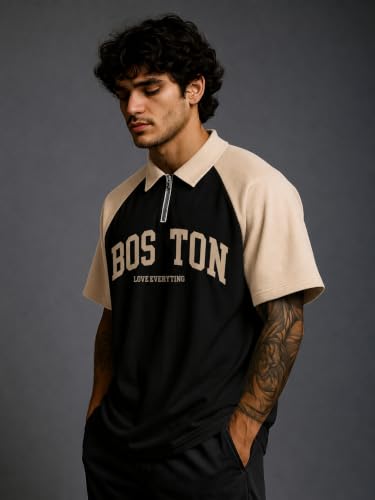 Image of Jump Cuts Mens Printed Polo Neck Full Sleeve Black and Beige Cotton Blend T-Shirt