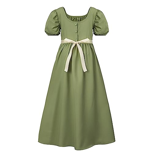 Girls Regency Victorian Dress, Short Puff Sleeve Long Summer Dress With Satin Sash, 10-14Y2