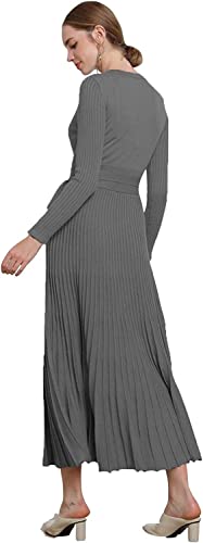 Image of Women's Long Sleeve Sweater Dress Ankle Length Fall Dress Vneck Knit Winter Dress
