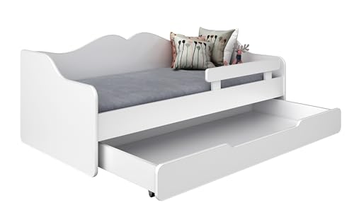 BDW - Kinderbett - Einzelbett mit Lattenrost, Matratze, Schublade, Rausfallschutz, Stauraum - Ausziehbar - Schlafsofa, Gästebett, Klappbett - Kinder-/Jugendzimmer - 160x80cm - Weiss