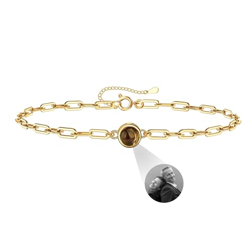 Personalized Photo Projection Bracelet 925 Sterling Silver Projection Bracelet with Picture Inside,I Love You 100 Languages Photo Round Pendant Bracelet Gifts for Women Wife Birthday Anniversary
