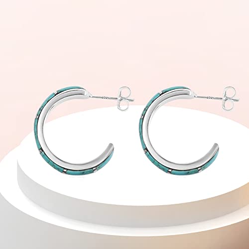Shop Lc Santa Fe Style 925 Sterling Silver Turquoise J- Hoop Earrings Engagement Women Boho Western Birthday Gifts #TOP5