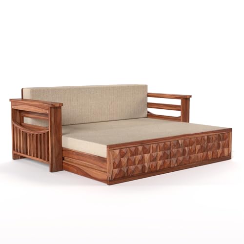 Image of Mamta Furniture Solid Sheesham Wood Sofa Set 3 Seater Furniture Wooden 3 Seater Sofa Cums Bed for Home Living Room with Cushions (Honey with Cream, 3 Seater Design 2)